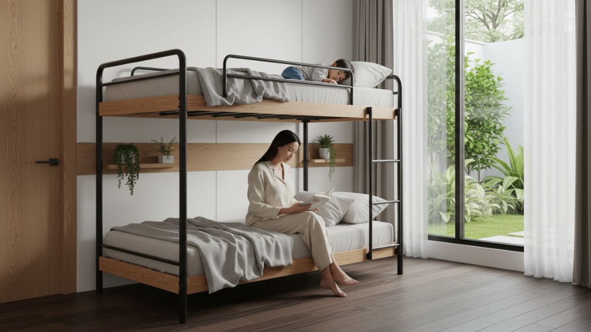 Detail rangka kayu solid dan besi minimalis yang kokoh dan aman untuk tempat tidur tingkat