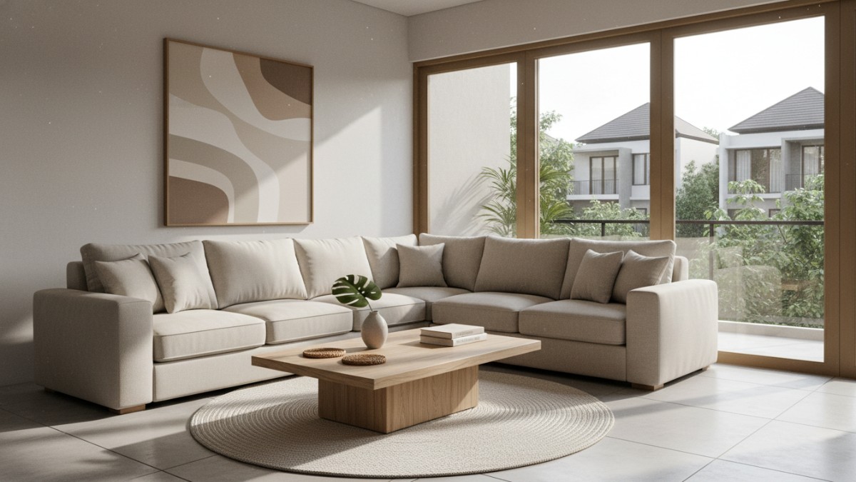 Ruang tamu minimalis modern dengan garis bersih dan warna netral