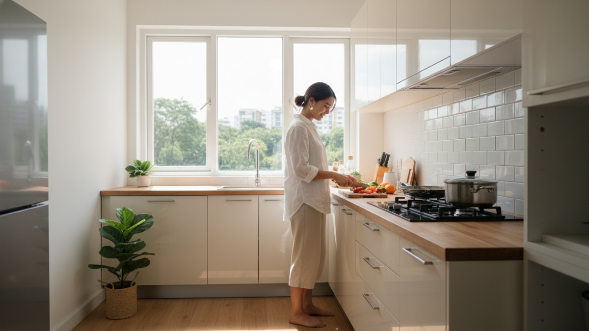 Dapur kecil dengan warna terang yang memantulkan cahaya alami.