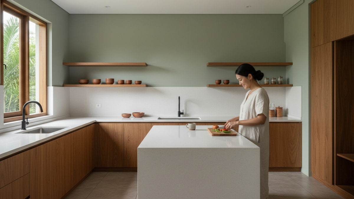 Harmonisasi warna dinding dengan kabinet kayu natural dan lantai netral dapur