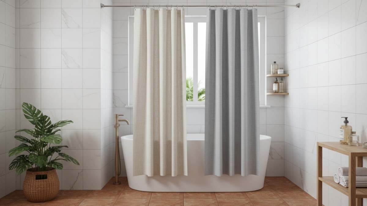 Set tirai shower modern dengan warna netral yang menyatu dengan desain kamar mandi minimalis, solusi praktis bikin ruang mandi lebih estetis