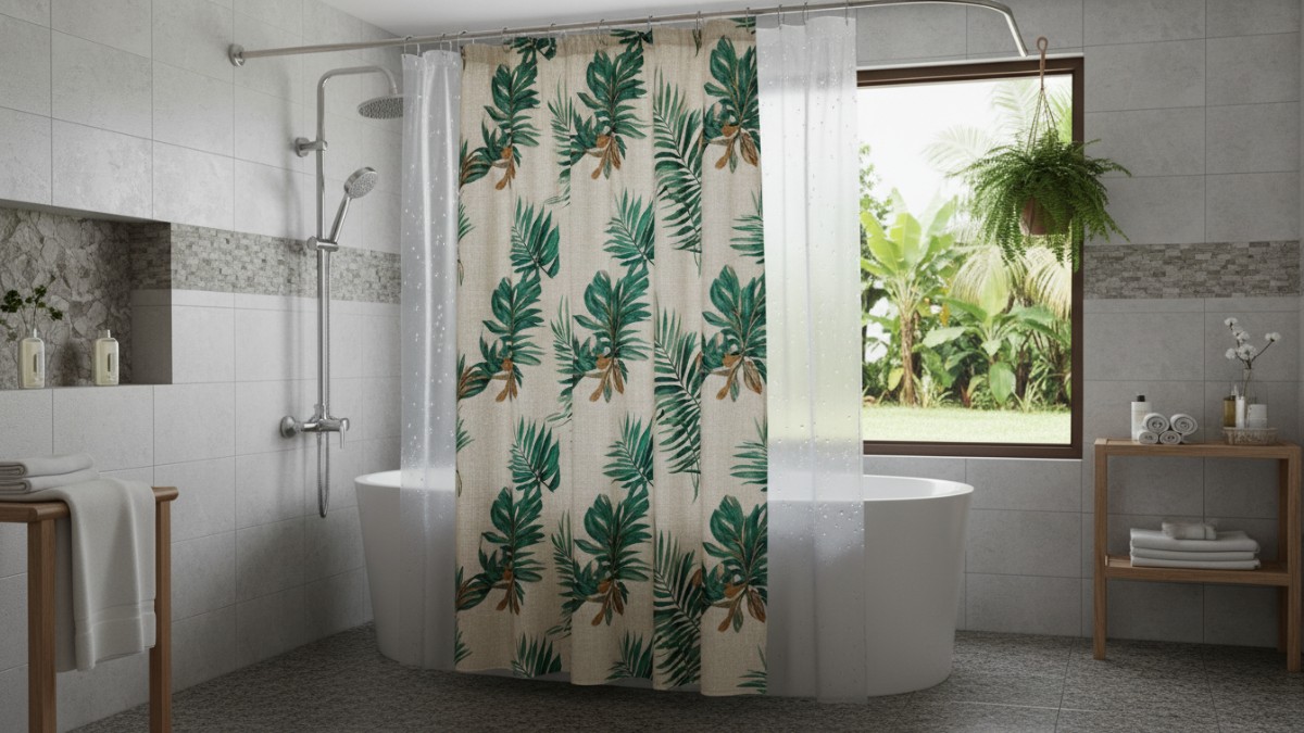 Ilustrasi set tirai shower lengkap dengan liner dan ring pengait di kamar mandi modern.