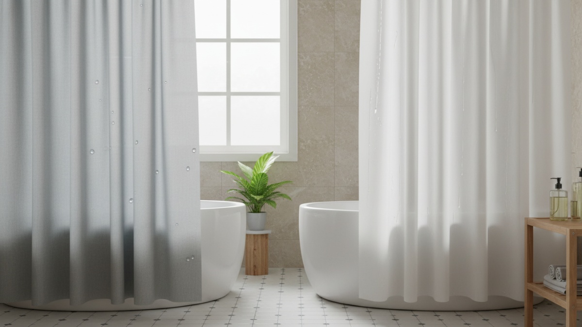 Perbandingan bahan poliester dan vinil pada tirai shower untuk kebutuhan kamar mandi rumah.