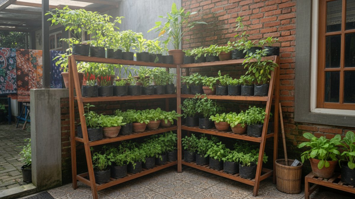 Rak tanaman bertingkat memaksimalkan ruang kecil jadi kebun produktif di teras rumah.