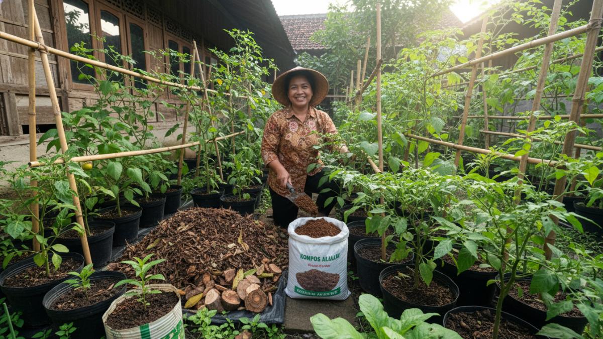 Media tanam kompos alami menjaga kesuburan tanaman di kebun rumah terbatas.