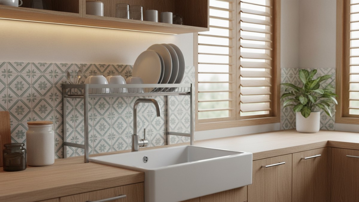 Rak di atas wastafel minimalis berbahan stainless steel yang membuat dapur terlihat lebih rapi dan modern.