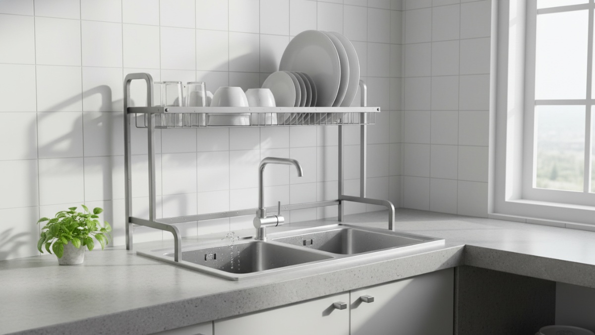 Rak di atas wastafel selaras dengan desain dapur minimalis kontemporer.