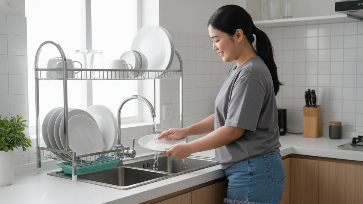 Rak di atas wastafel minimalis membuat kerja mencuci piring lebih efisien