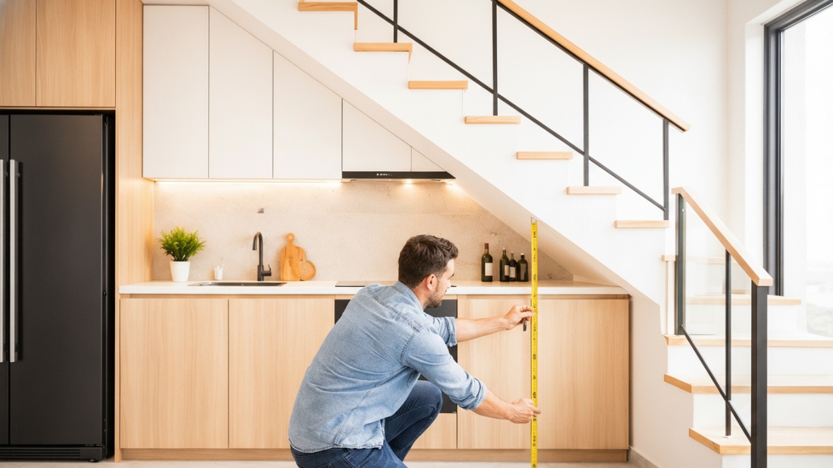 Proses pengukuran ruang bawah tangga untuk dapur minimalis.