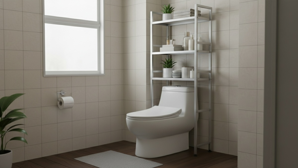 Rak di atas toilet minimalis memaksimalkan ruang kamar mandi kecil dengan desain modern dan fungsional.
