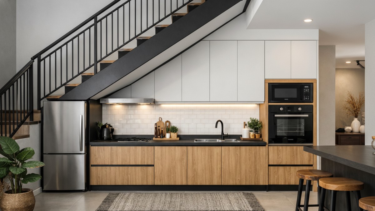 Layout dapur linear di area bawah tangga rumah modern.