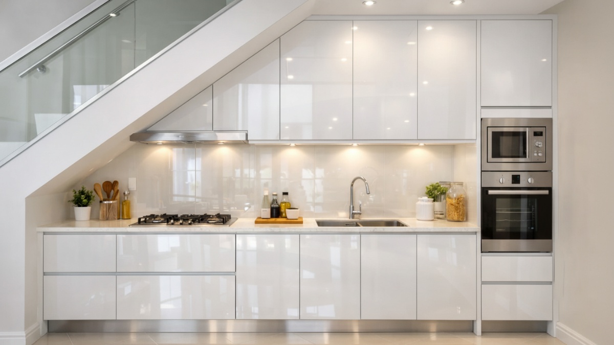 Kabinet dapur bawah tangga warna terang dengan finishing reflektif.