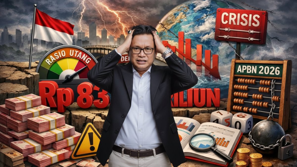 Pengamat ekonomi Dr. Noviardi Ferzi, grafik rasio utang pemerintah 40,3 persen terhadap PDB dalam APBN 2026, menggambarkan tekanan fiskal nasional.