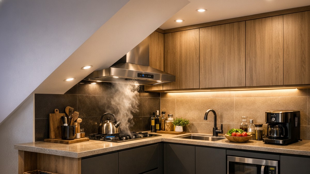 Pencahayaan LED dan ventilasi dapur bawah tangga.