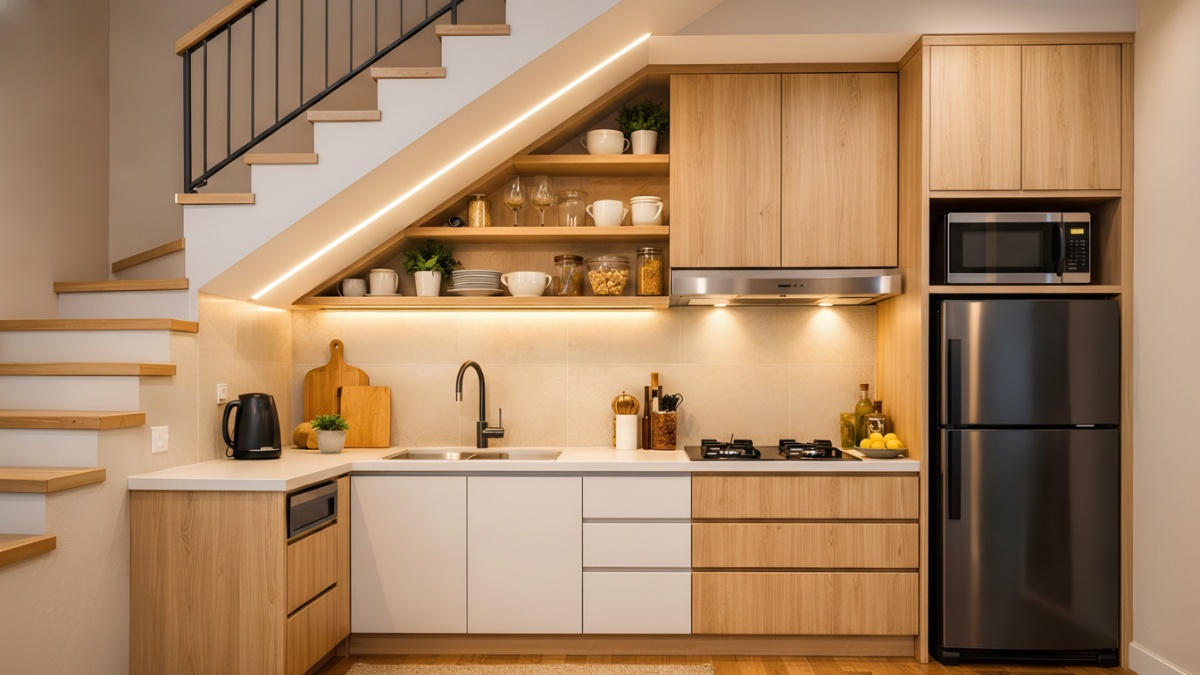 Dapur bawah tangga minimalis modern yang rapi dan fungsional dengan pencahayaan hangat.