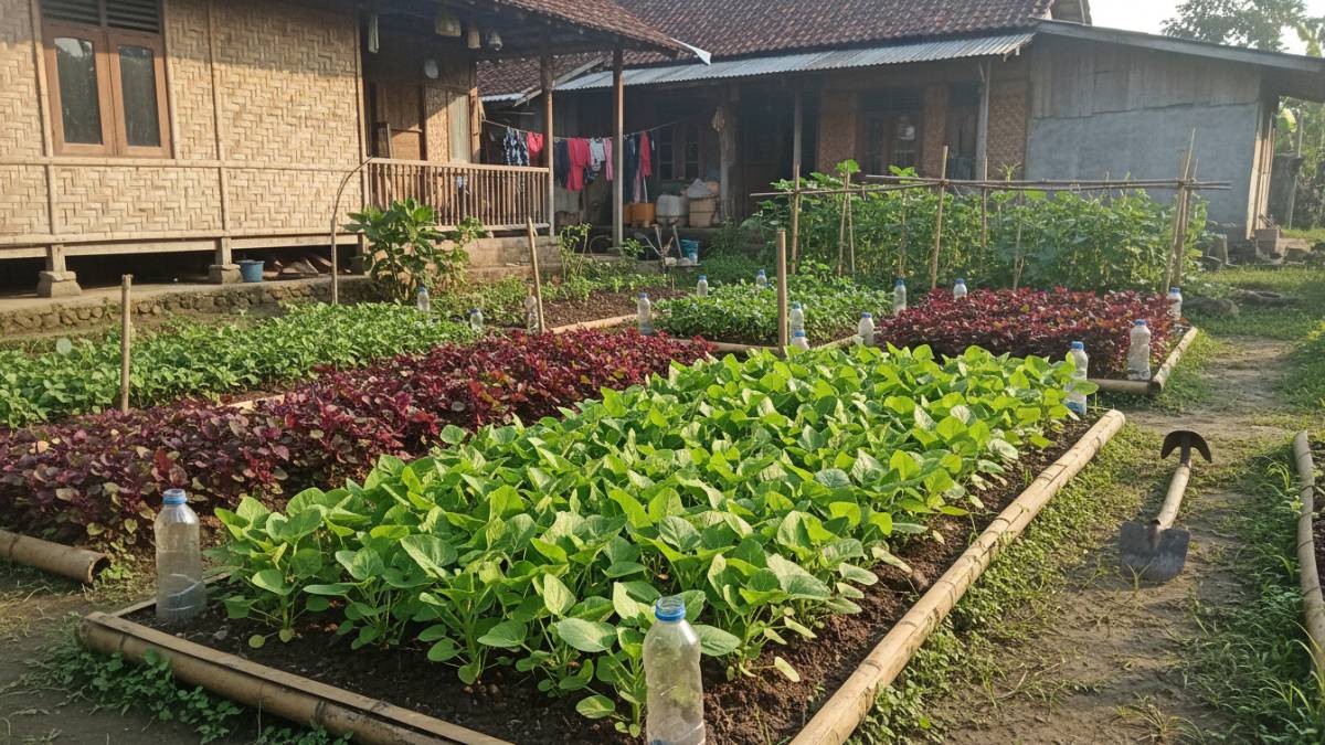 Kebun kecil berisi kangkung dan bayam tumbuh subur di pekarangan rumah, simbol kemandirian pangan keluarga.