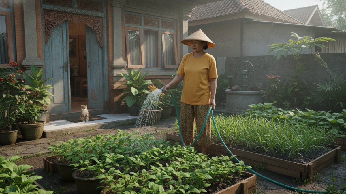 Penyiraman BAYAM DAN KANGKUNG pagi hari menjaga kelembapan tanah tanpa genangan