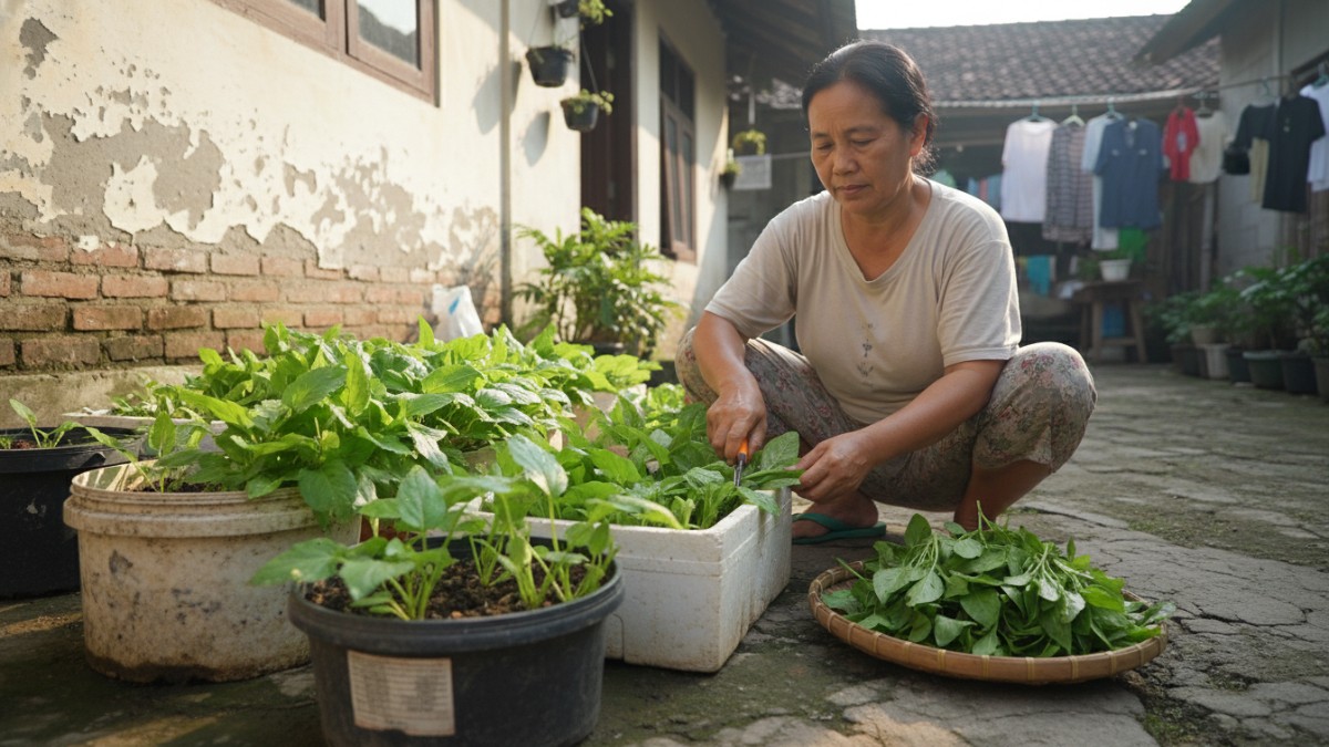 panen BAYAM DAN KANGKUNG potong daun luar untuk produksi berulang