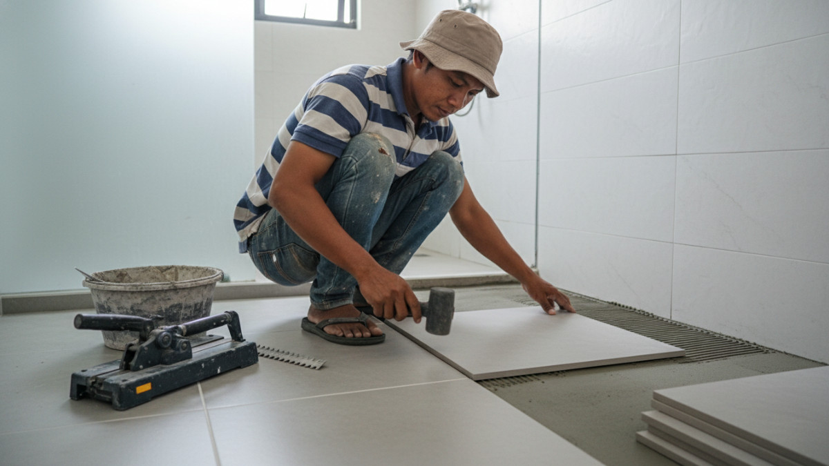 Pengaturan kemiringan lantai menuju floor drain agar air mengalir lancar.