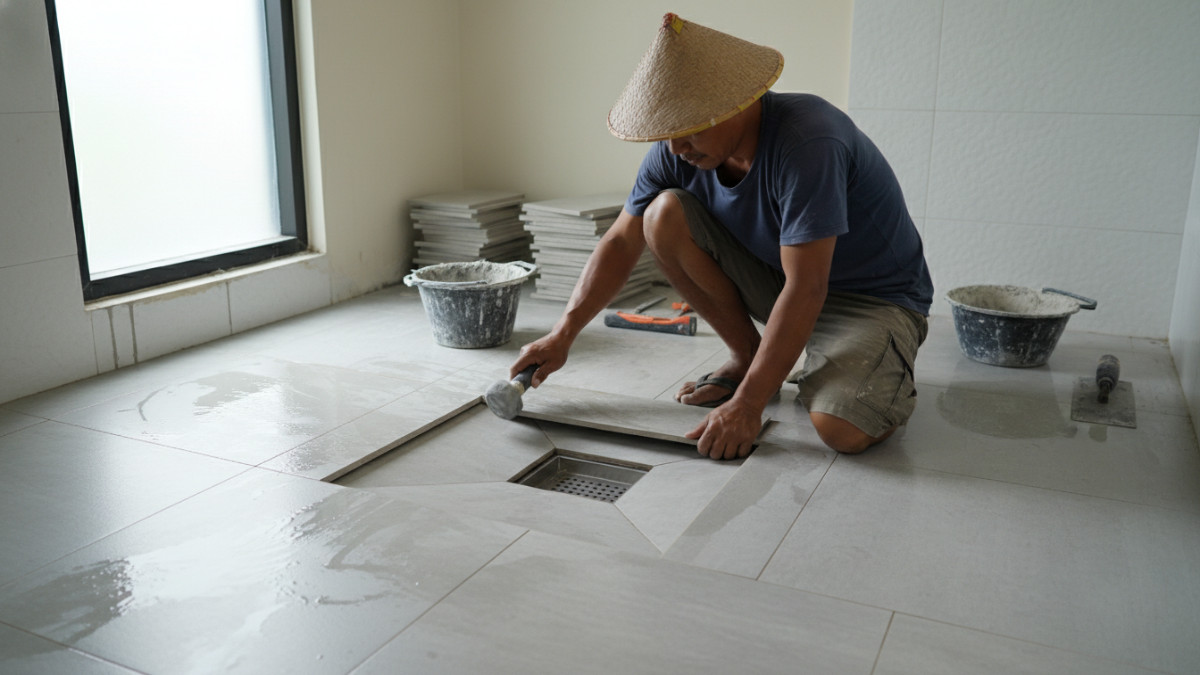 Pengaturan kemiringan lantai menuju floor drain agar air mengalir lancar.