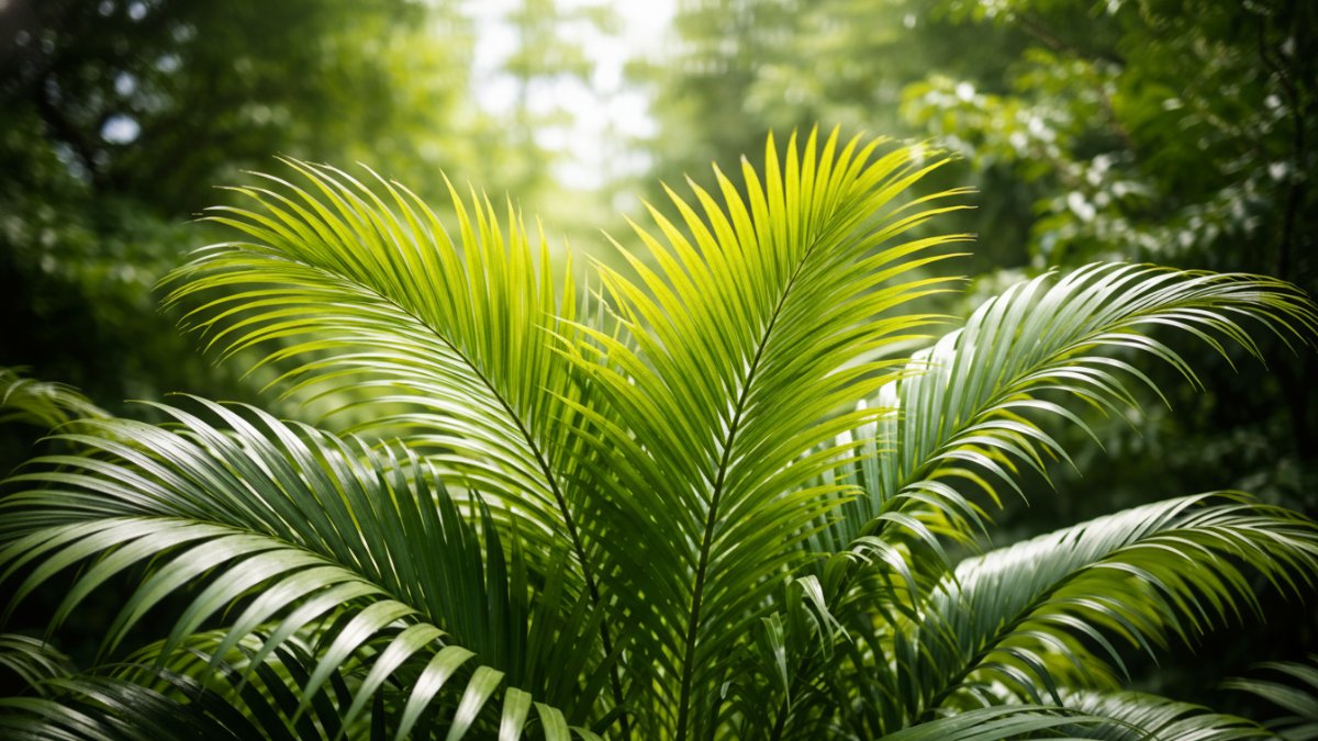 Struktur daun pohon palem dengan pencahayaan ideal di ruang terbuka.