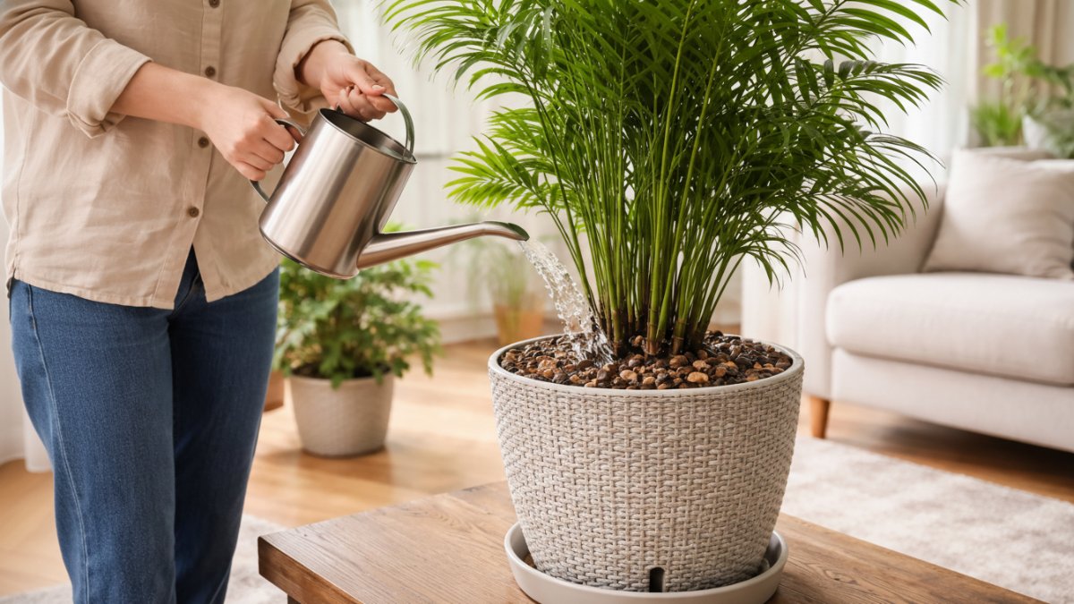 Penyiraman pohon palem indoor dengan tanah porous dan pot drainase.