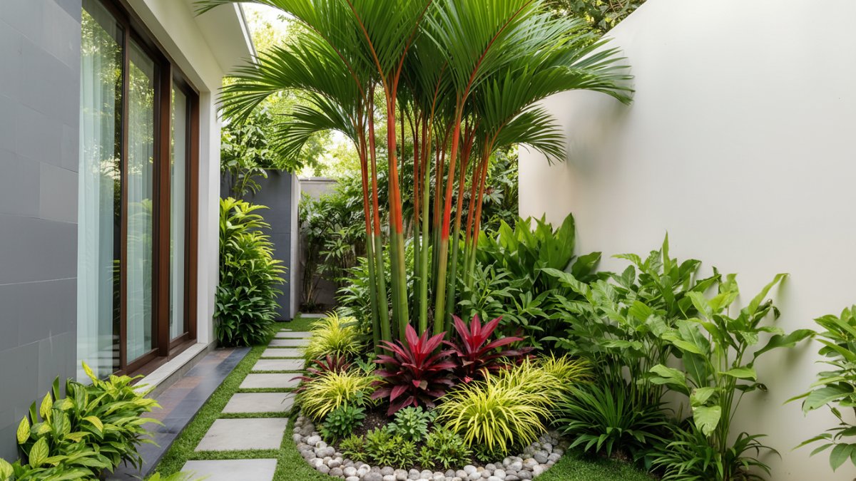 Pohon palem menghadirkan nuansa tropis sejuk sebagai elemen dekoratif rumah minimalis modern.