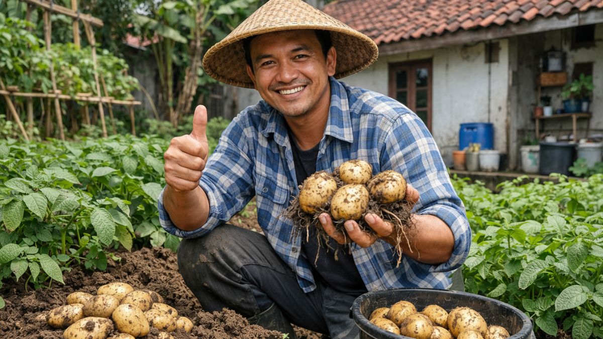 Petani memperlihatkan hasil panen kentang dari kebun rumah yang tumbuh subur.
