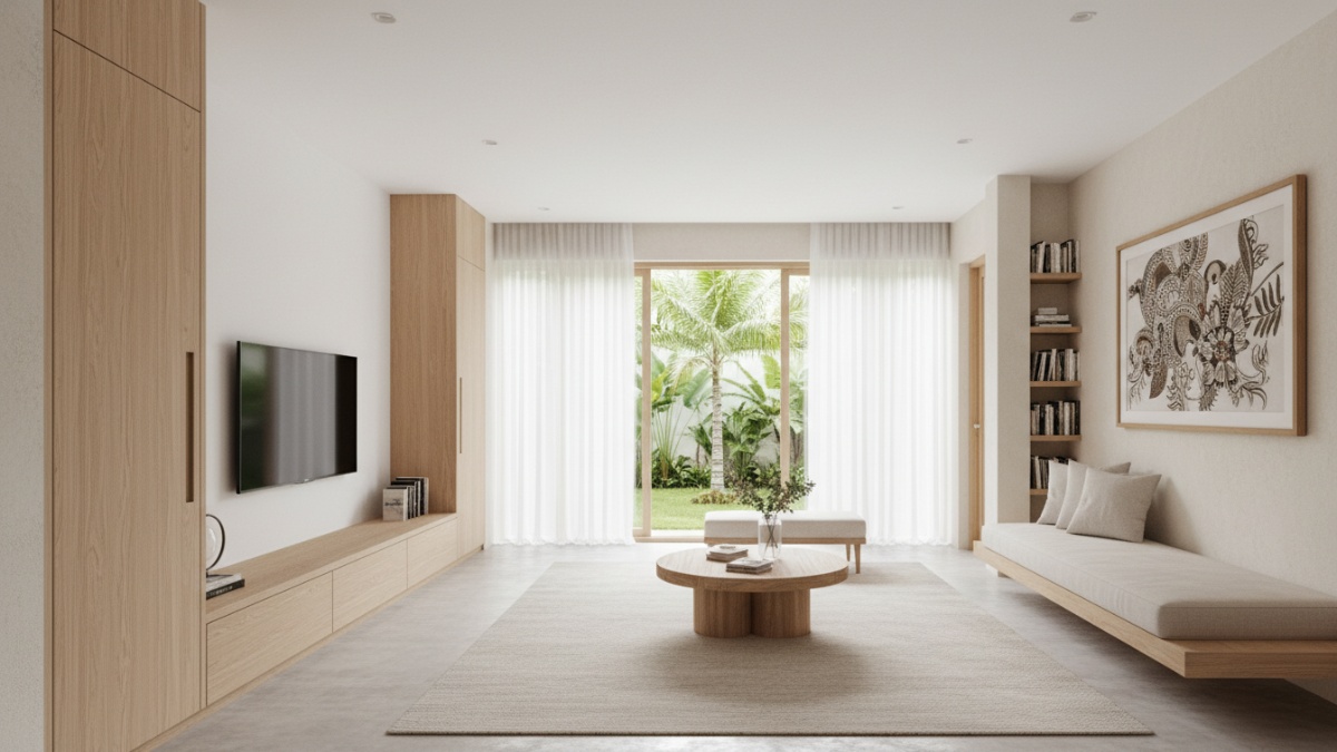 urnitur built-in tersembunyi menyatu dengan dinding pada hunian minimalis urban.