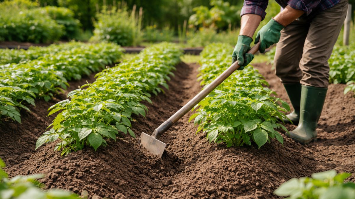 Proses hilling pada tanaman kentang di kebun rumahan.