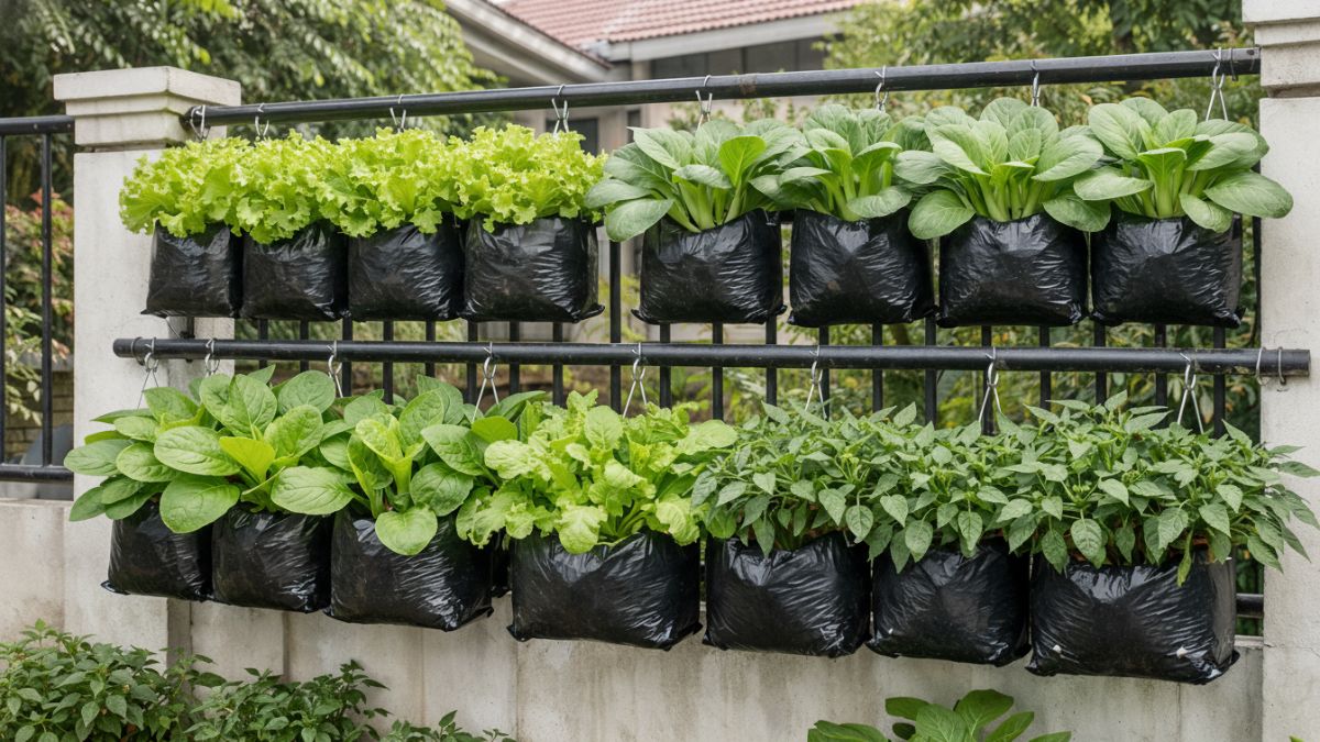 Tanaman sayur daun tumbuh subur di pagar rumah.