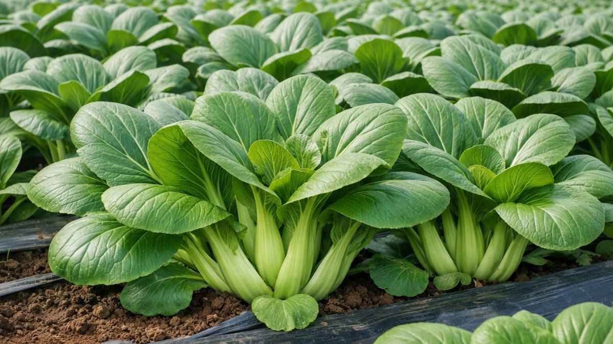 Pakcoy siap panen dengan daun lebar dan segar.