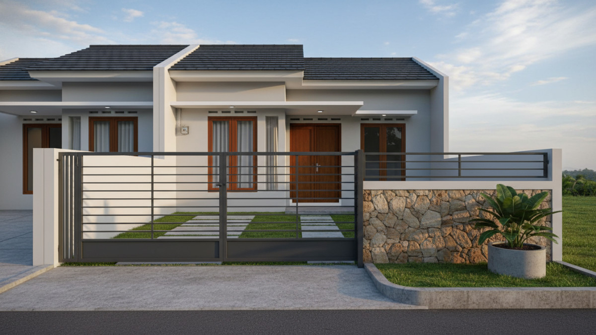 Pagar baja ringan modern pada hunian tipe 36 tampil minimalis dan rapi, memperkuat fasad serta keamanan rumah.