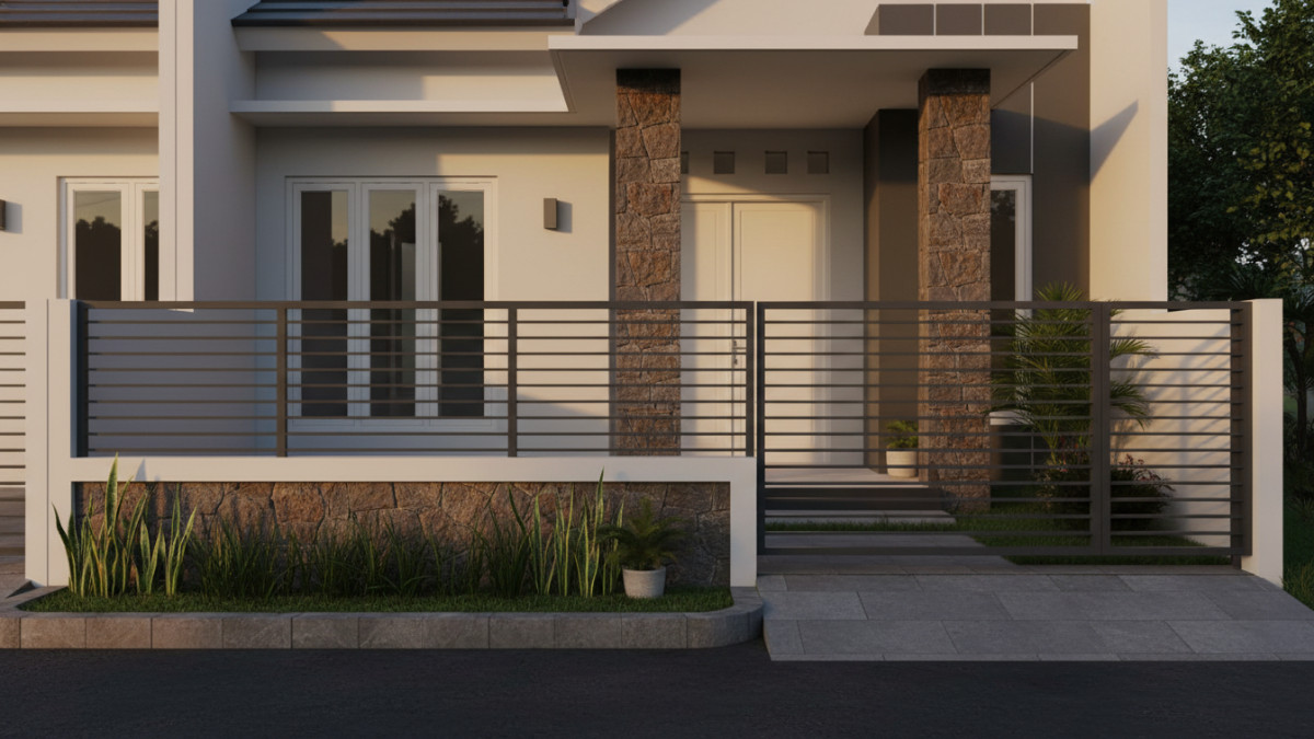 Pagar baja ringan modern pada rumah tipe 36 tampil proporsional dan rapi, memperkuat karakter fasad minimalis.