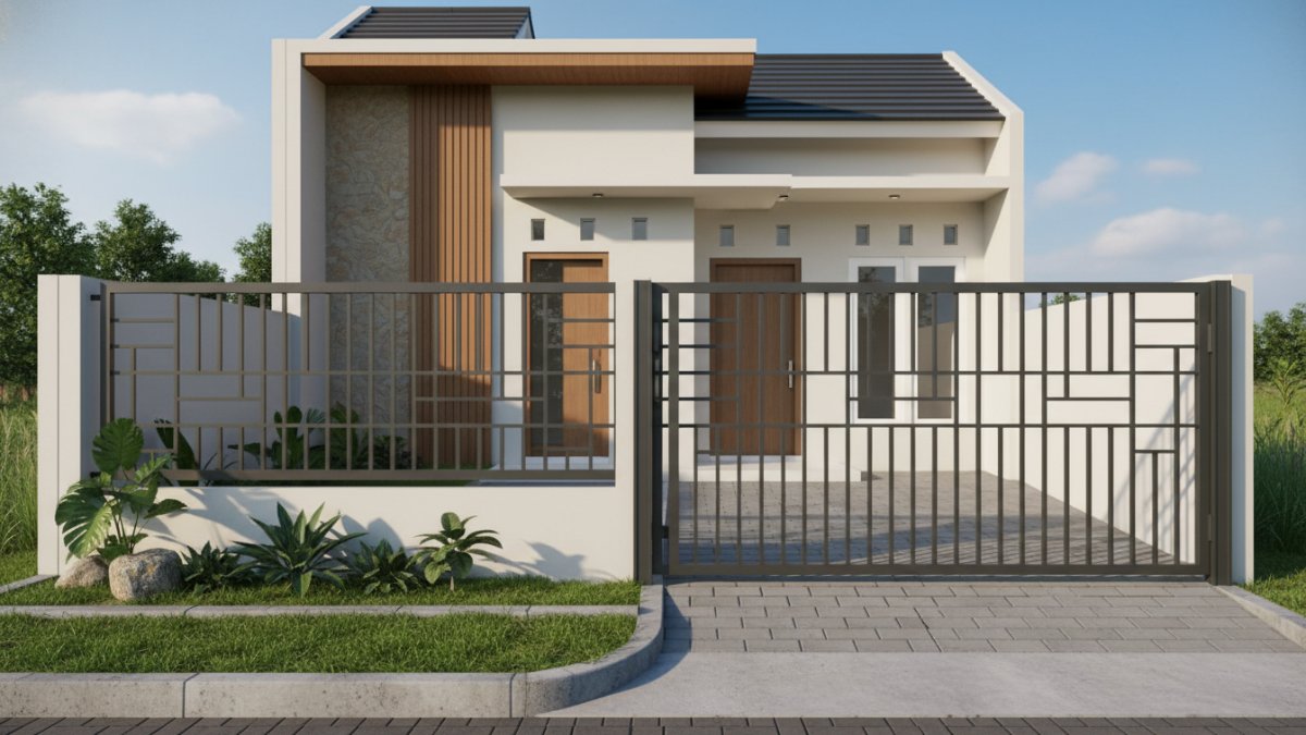 Detail model bilah horizontal dan vertikal pada pagar baja ringan hunian minimalis.