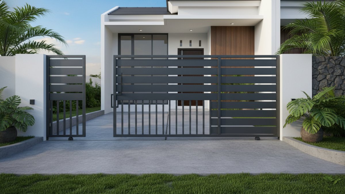 Sistem gerbang sliding baja ringan pada lahan sempit rumah tipe 36.