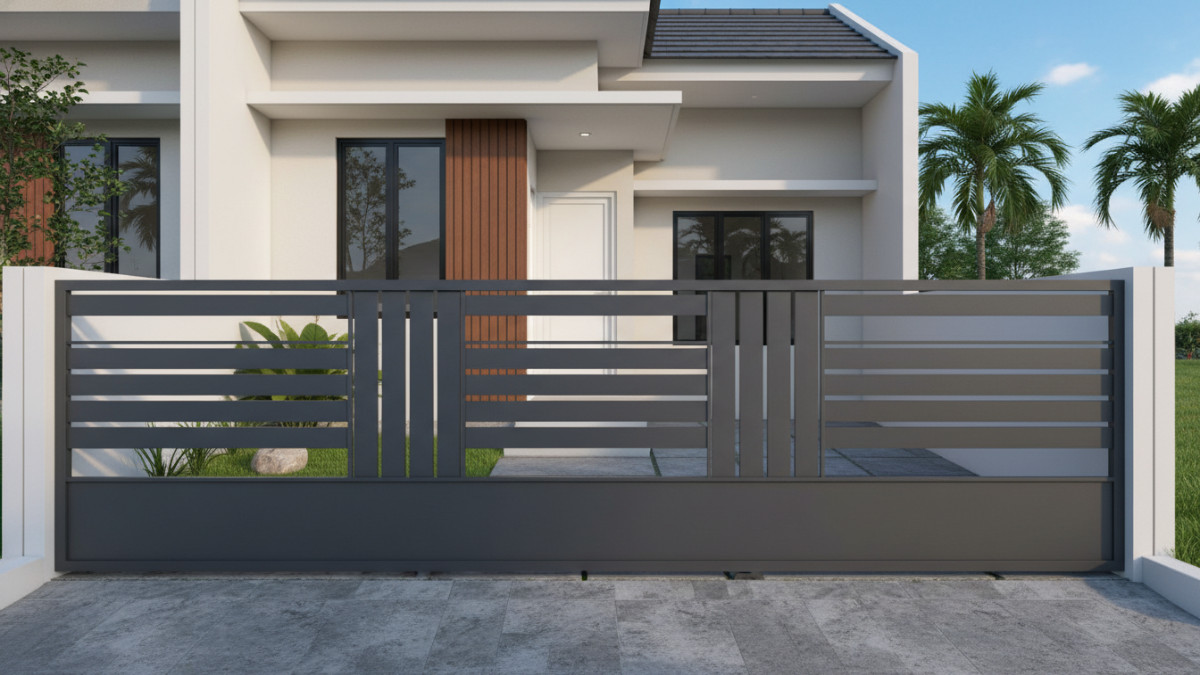 Detail garis tegas pagar baja ringan modern yang menyatu dengan fasad rumah tipe 36.