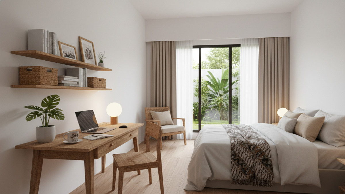 Kombinasi warna netral dan tekstur kayu alami pada ruang kerja kamar tidur.