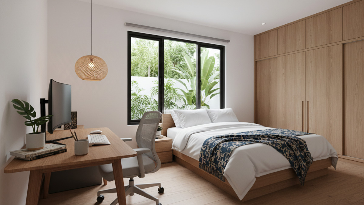 Meja kerja estetik di kamar tidur dengan cahaya alami, fokus pada produktivitas harian generasi produktif.