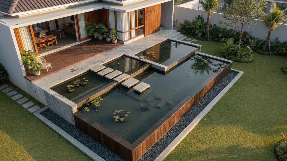 Detail zona bertahap kolam mini dengan tepian dangkal bertekstur untuk satwa kecil