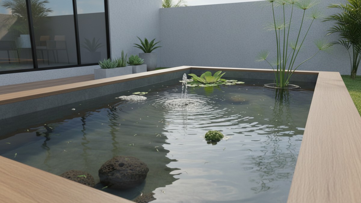 Kolam mini dengan riak air ringan dari pompa mikro tenaga surya