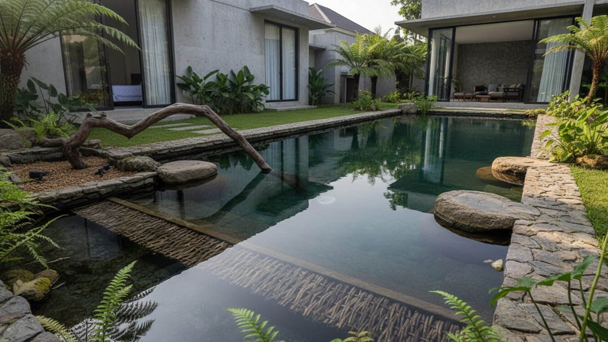 Permukaan tepi kolam bertekstur dengan batu dan kayu sebagai jalur keluar satwa