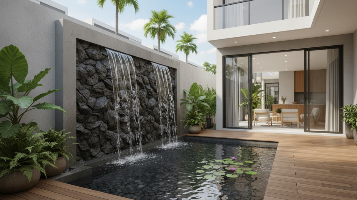 Water wall rumah modern di area teras dengan panel batu dan aliran air rata, tampil estetik dan fungsional.