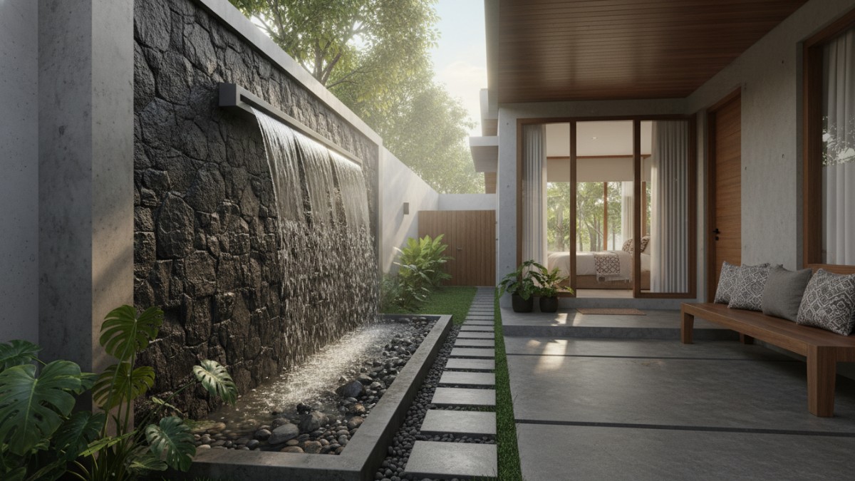 Posisi water wall di dinding transisi teras dan taman samping rumah perkotaan.