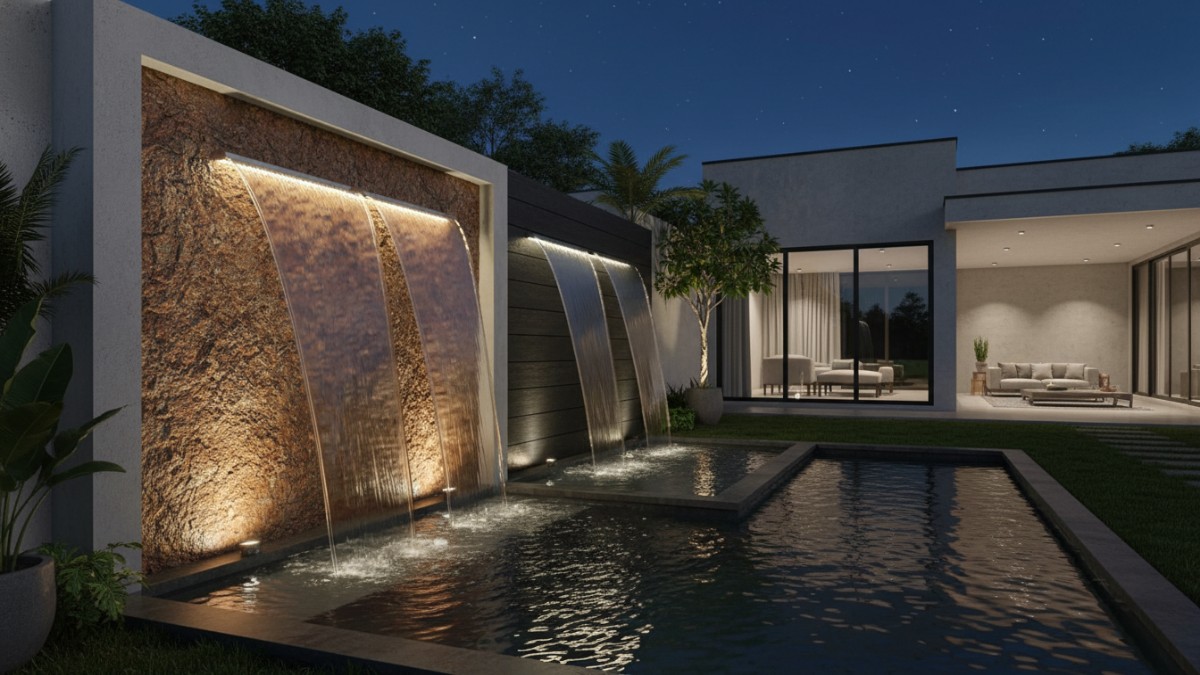 Integrasi lampu LED bawah air pada water wall modern malam hari.