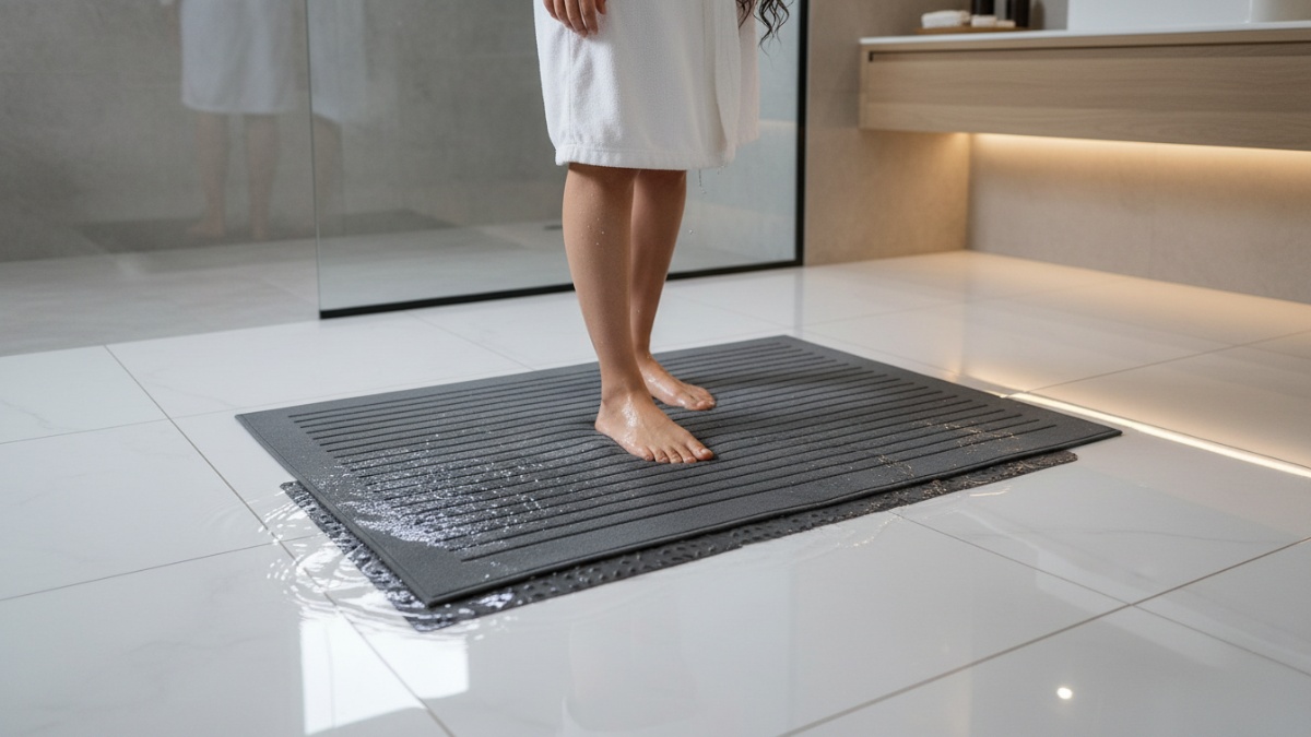 Karpet kamar mandi anti licin dengan lapisan grip kuat di lantai keramik basah. 