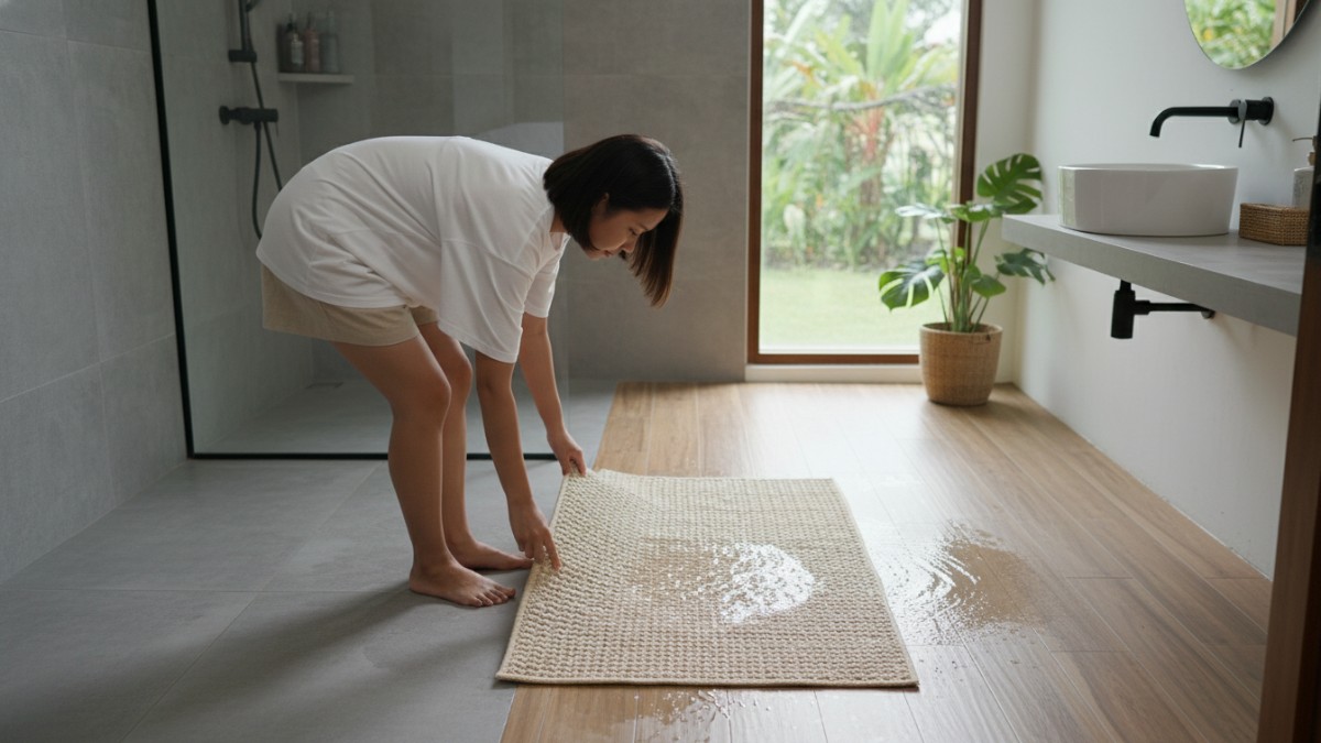 Ilustrasi penempatan karpet di zona transisi antara area basah dan kering kamar mandi. 