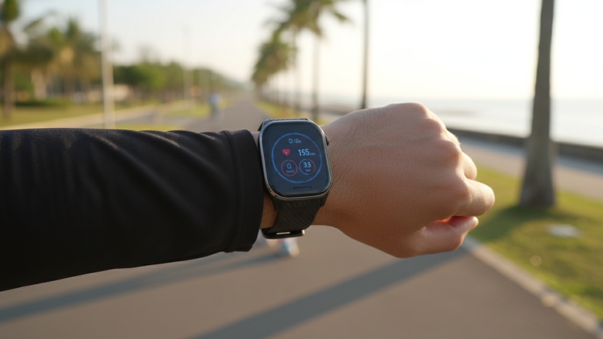 Smartwatch fitness digunakan saat jogging pagi di Balikpapan, simbol gaya hidup aktif yang makin berkembang.