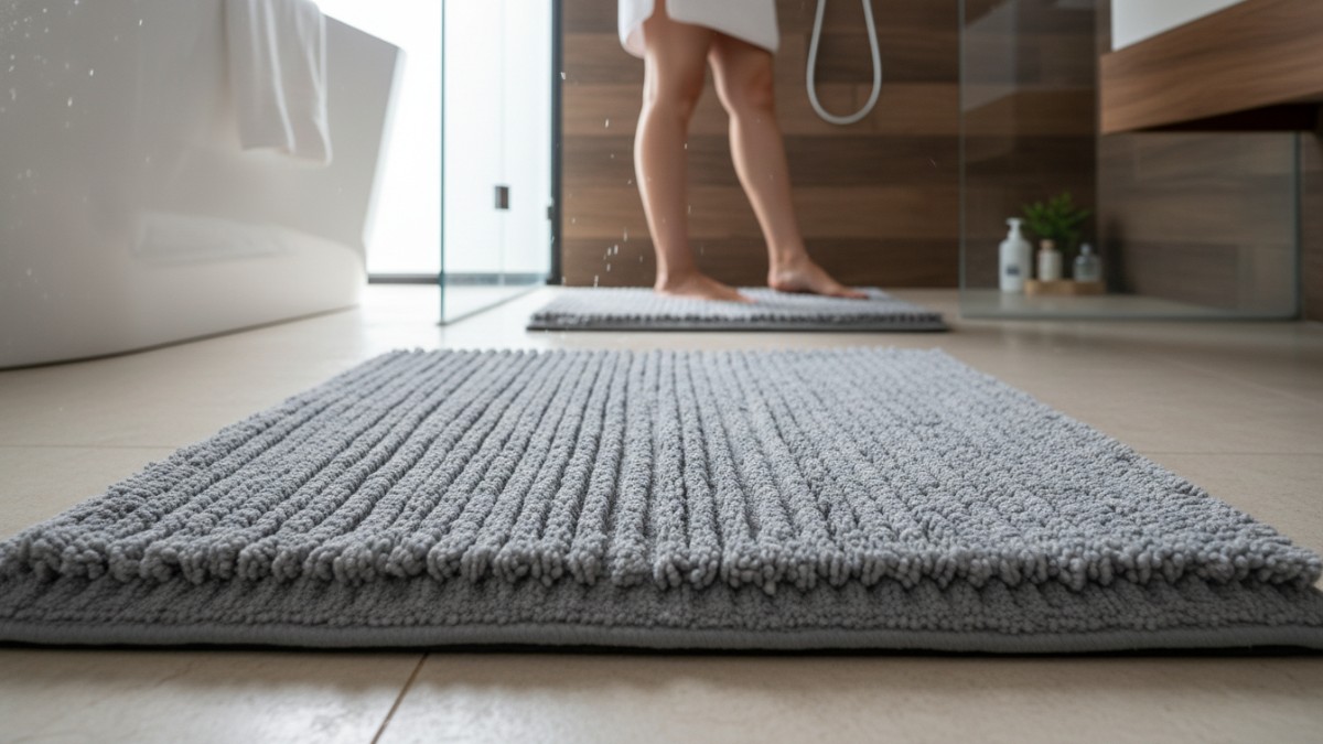 Detail material microfiber dan lapisan bawah karet anti slip menyeluruh. karpet kamar mandi 