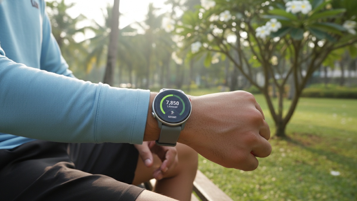 Pengguna memantau target langkah dan pengingat gerak sederhana di layar smartwatch.